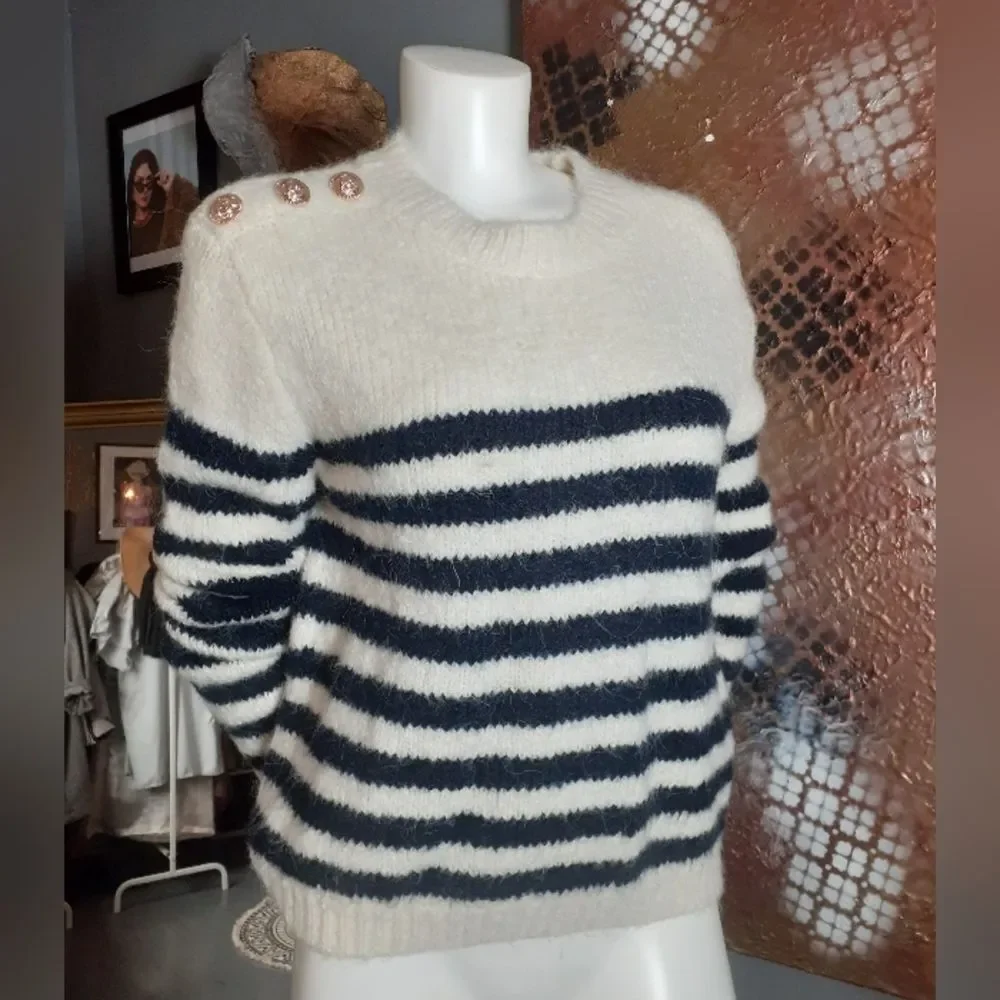 Nwot Zara Wool Blend Cream And Navy Striped Sweater - Picture 13 of 14